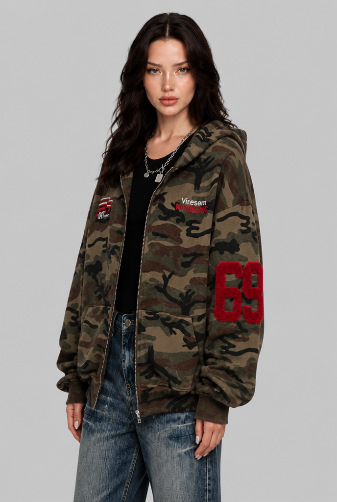 Camo Zip Up Hoodie with Varsity Patches