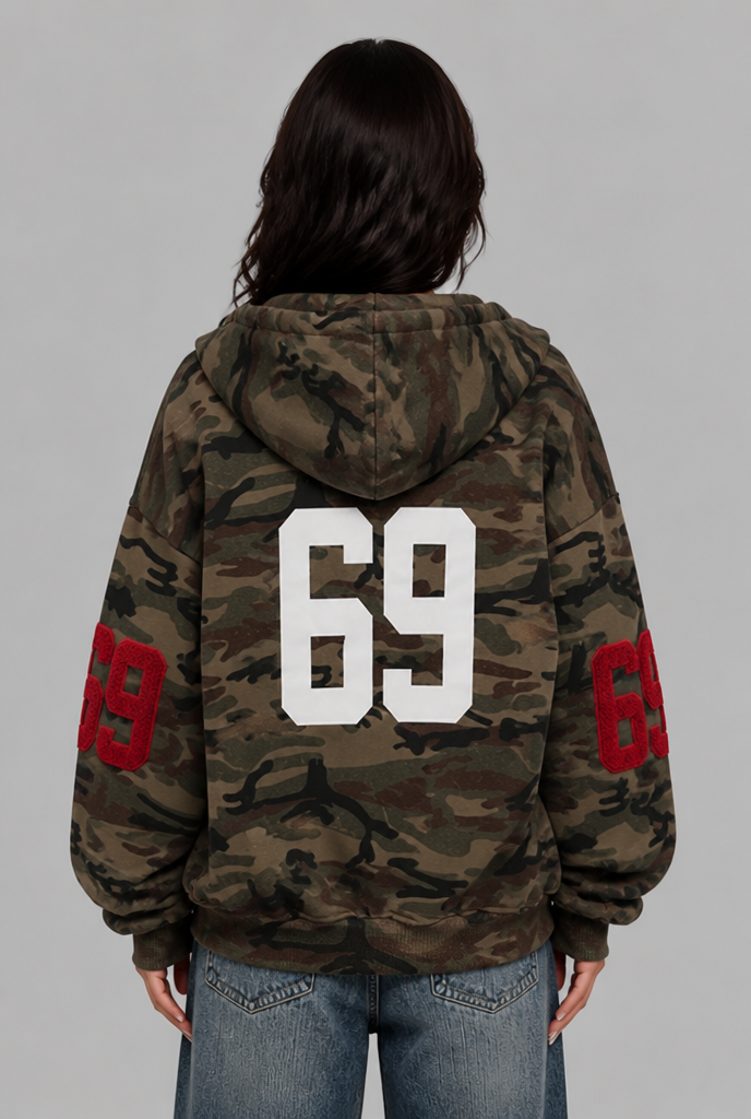 Camo Zip Up Hoodie with Varsity Patches