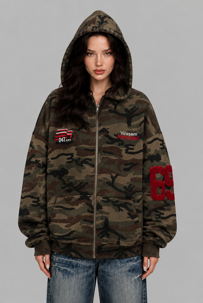 Camo Zip Up Hoodie with Varsity Patches