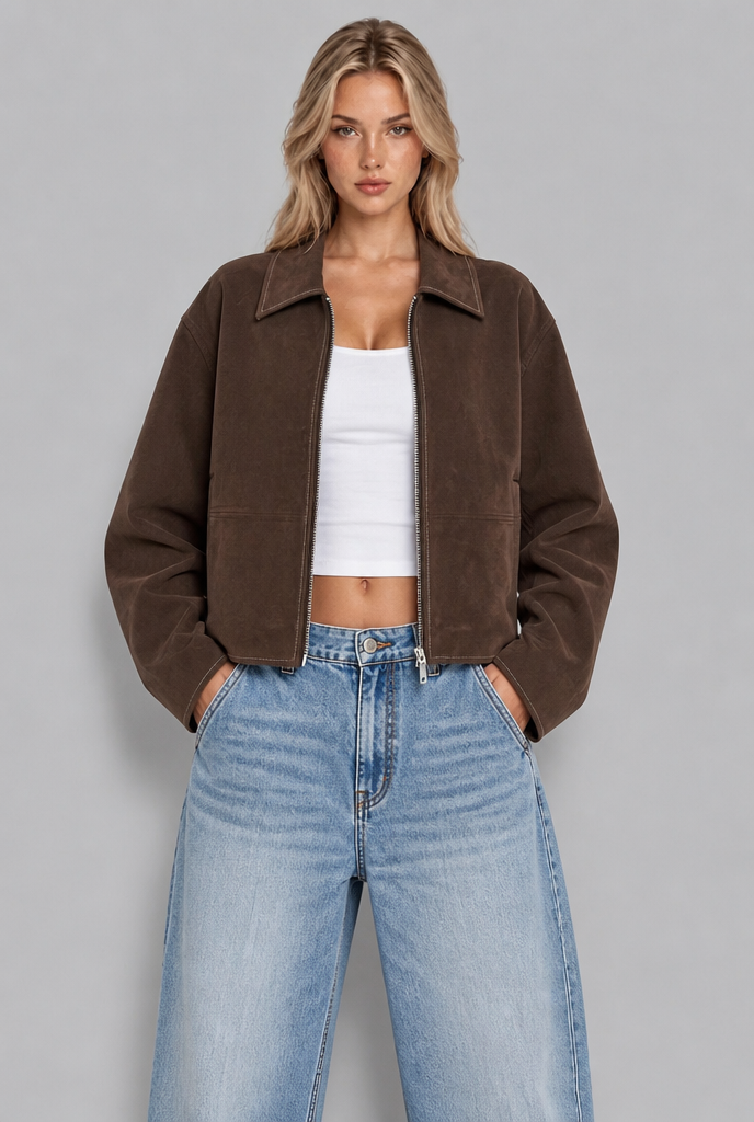 Brown cropped suede jacket front