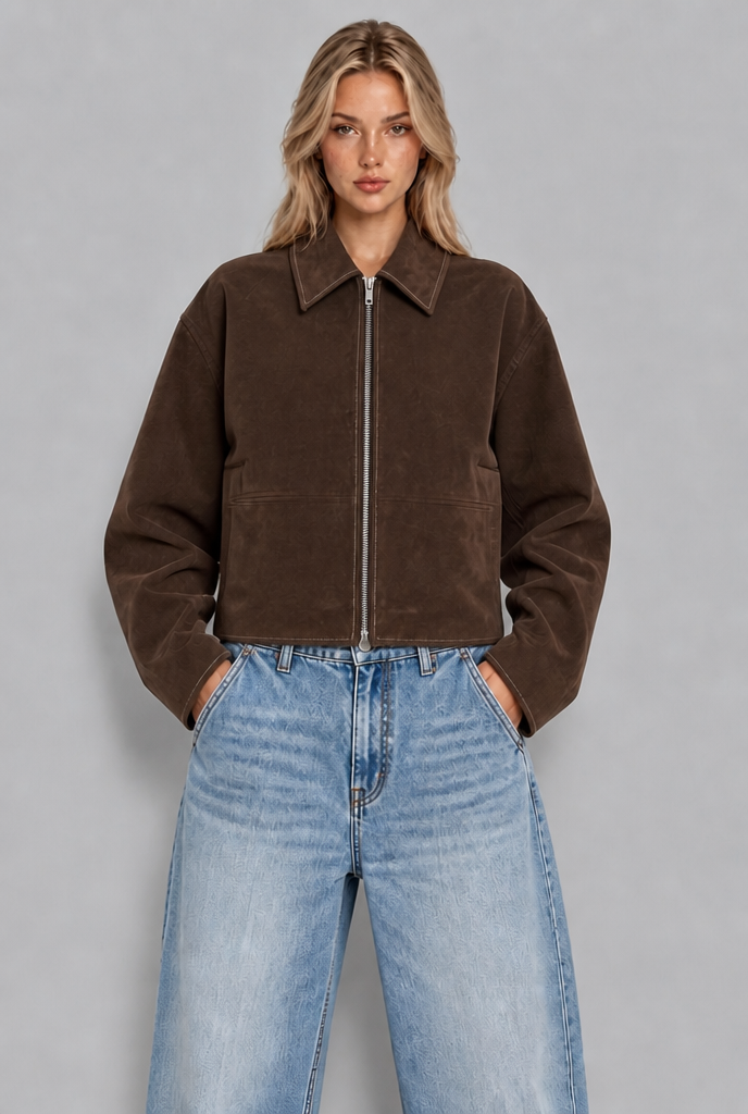 Brown cropped suede jacket front zipped closed