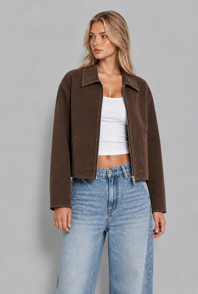 Brown cropped suede jacket in the moment