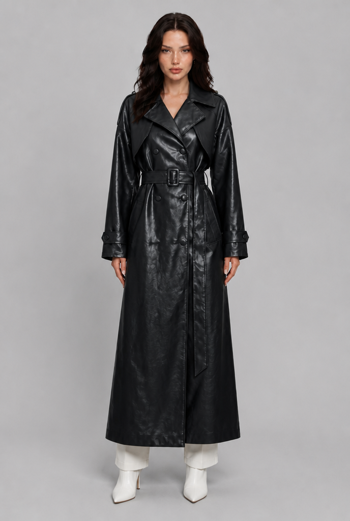 Black double breasted leather trench coat front