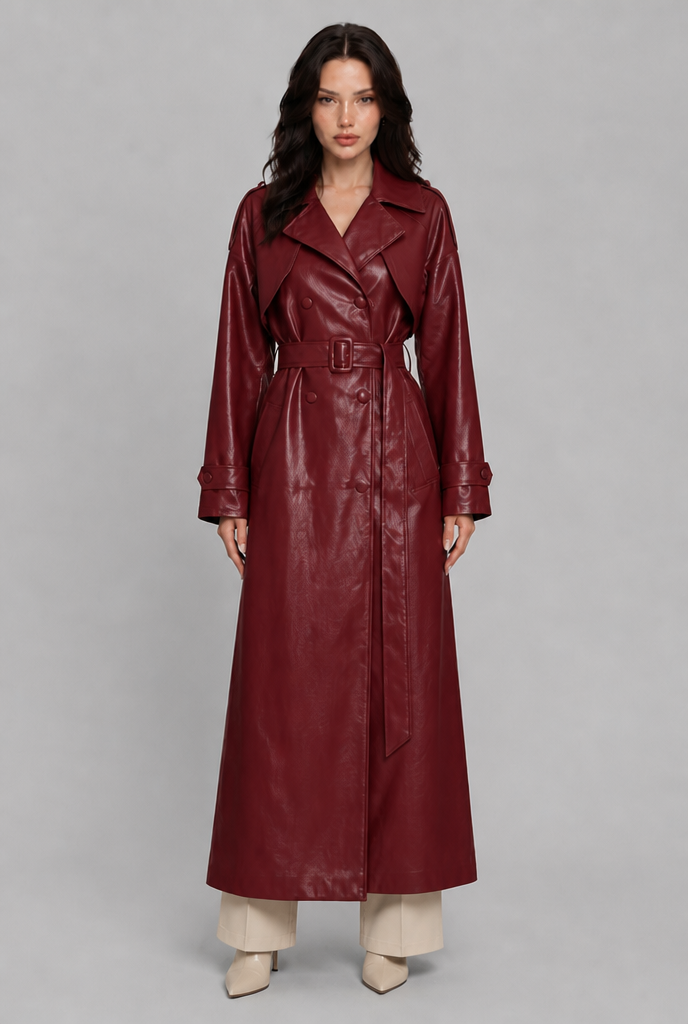 Red double breasted leather trench coat front