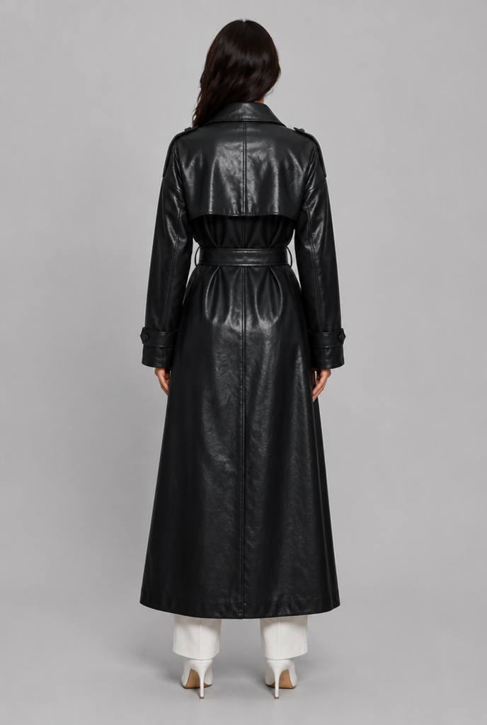 Black double breasted leather trench coat back