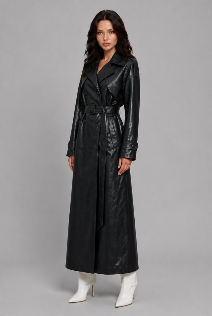 Black double breasted leather trench coat three quarter
