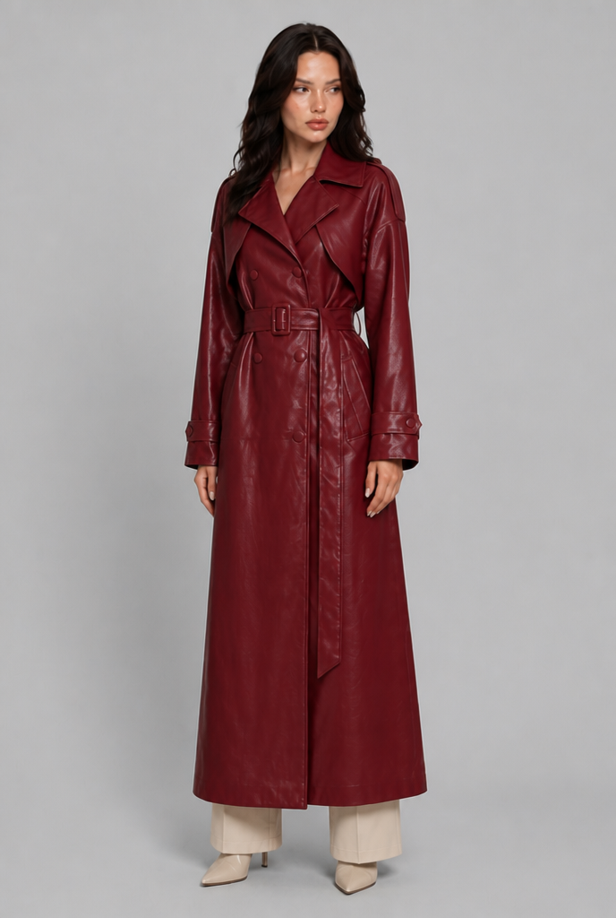 Red double breasted leather trench coat in the moment