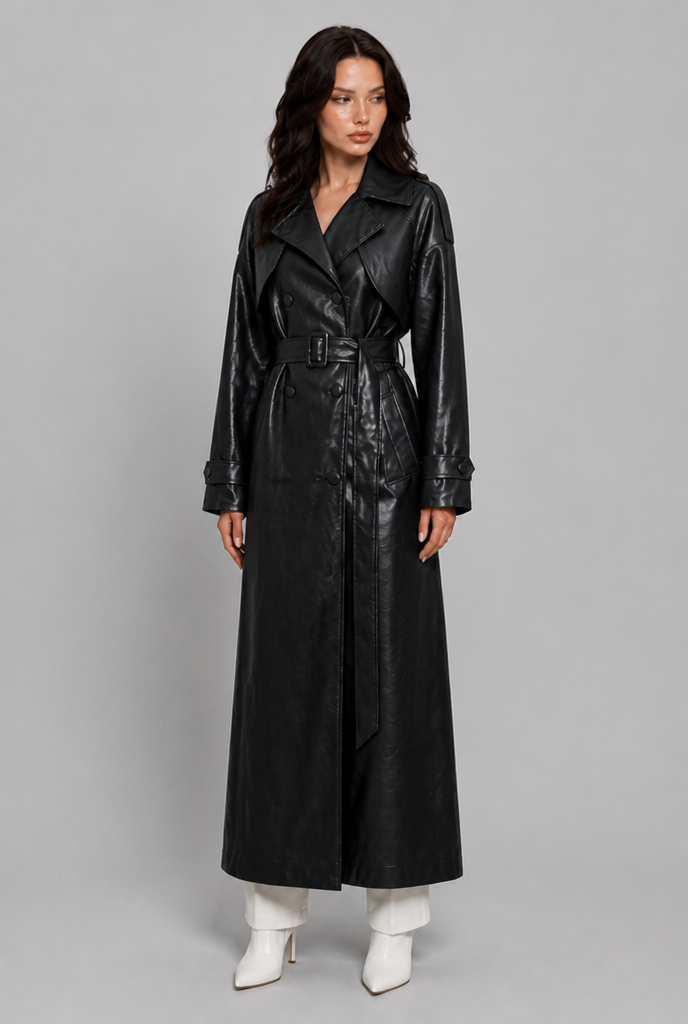 Black double breasted leather trench coat in the moment