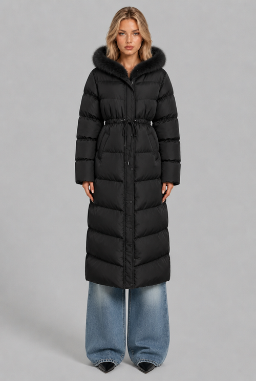 Black long puffer coat with fur hood front