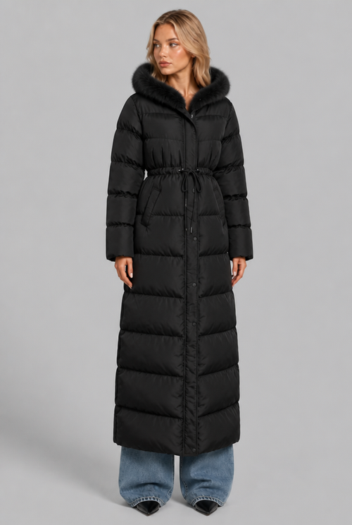 Black long puffer coat with fur hood in the moment