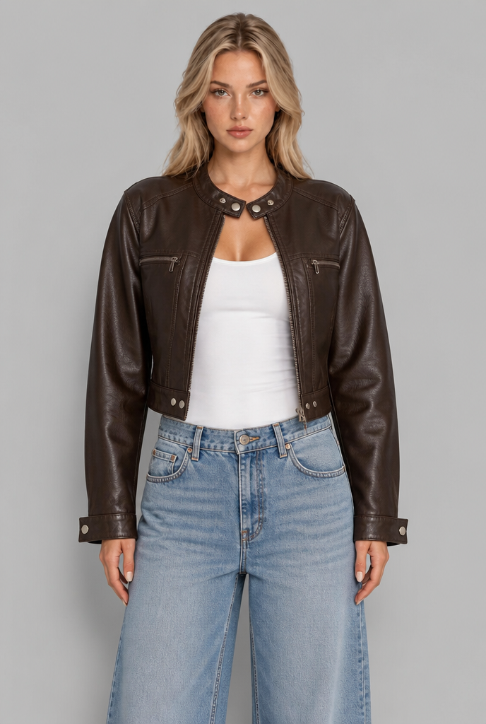 Brown cropped faux leather jacket front