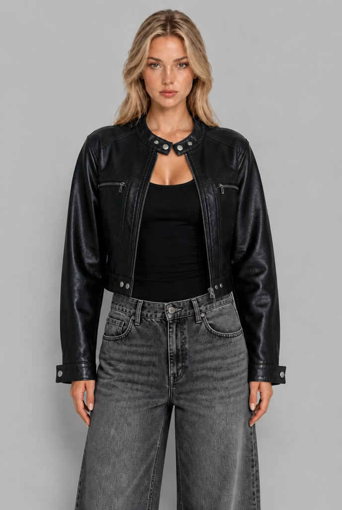 Black cropped faux leather jacket front