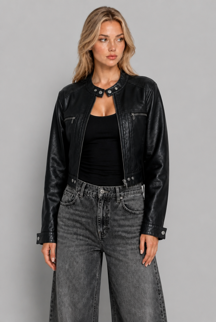 Black cropped faux leather jacket in the moment