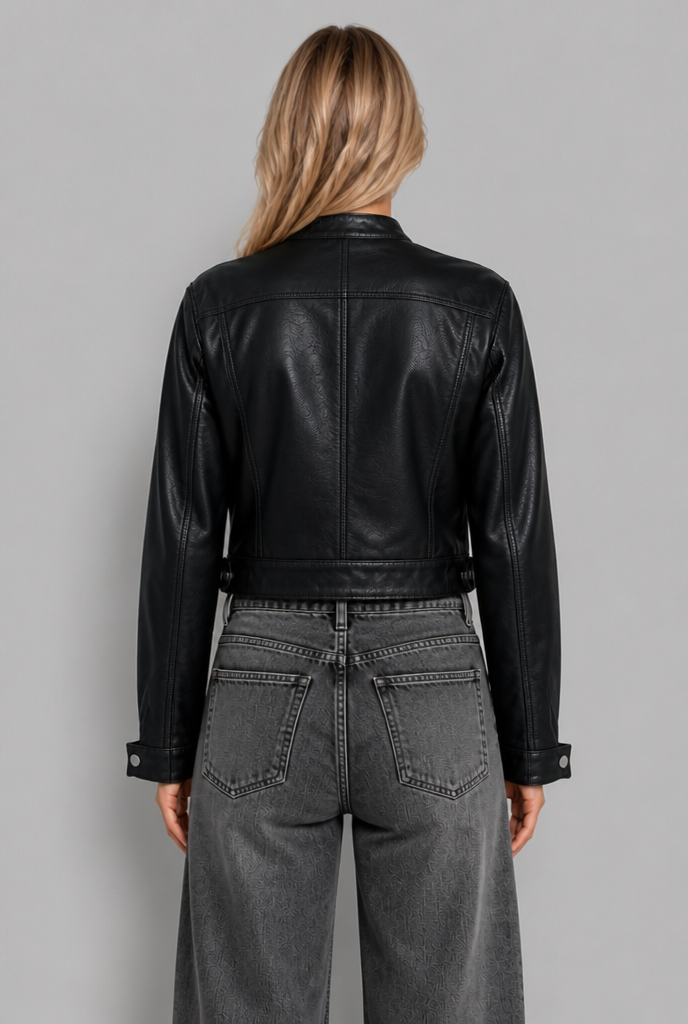 Black cropped faux leather jacket back