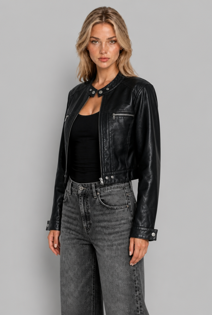 Black cropped faux leather jacket three quarter
