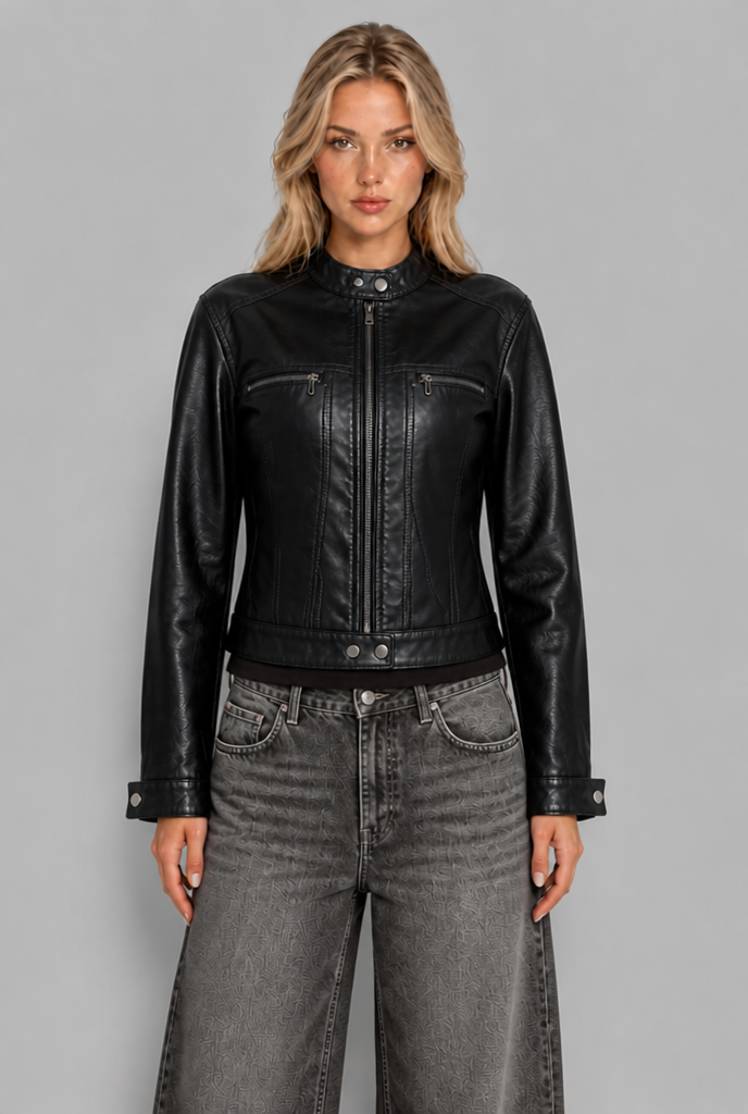 Black cropped faux leather jacket zipped closed