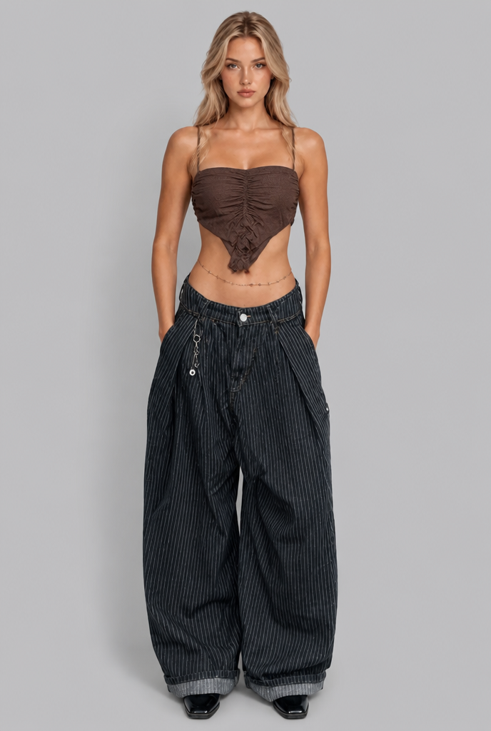 Pleated Wide Leg Pinstripe Trousers