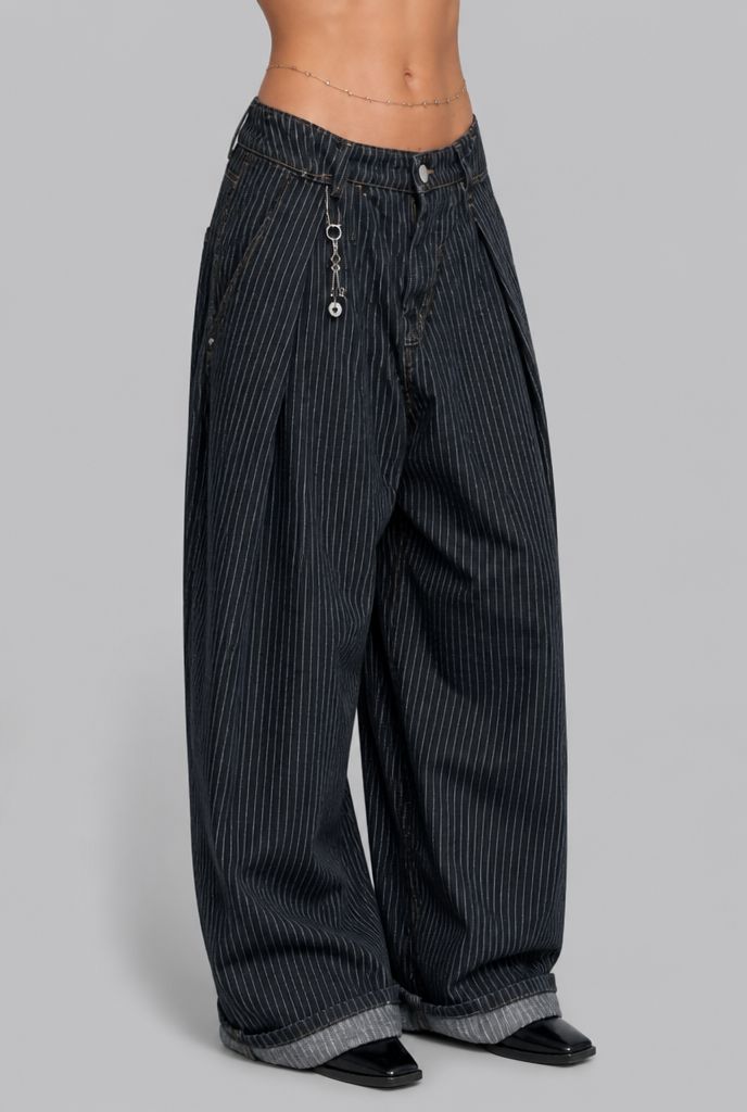 Pleated Wide Leg Pinstripe Trousers