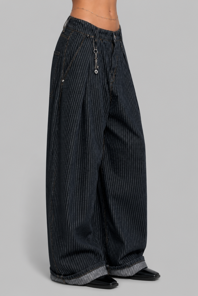 Pleated Wide Leg Pinstripe Trousers