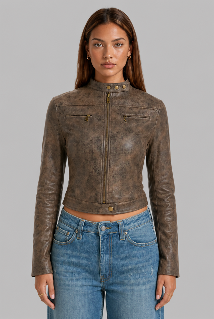 Cropped Faux Leather Jacket with Snap Collar