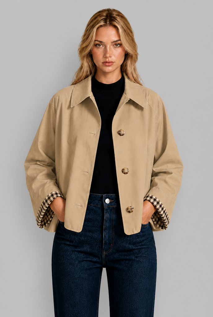 Cropped Trench Jacket with Gingham Cuffs
