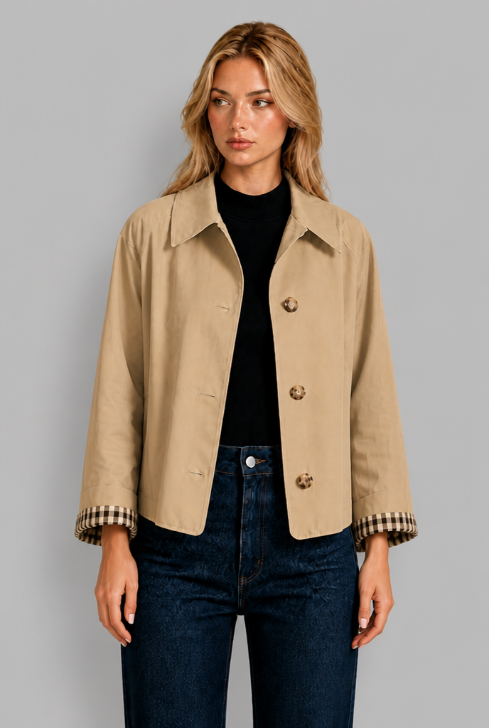 Cropped Trench Jacket with Gingham Cuffs