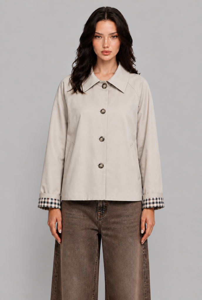 Cropped Trench Jacket with Gingham Cuffs