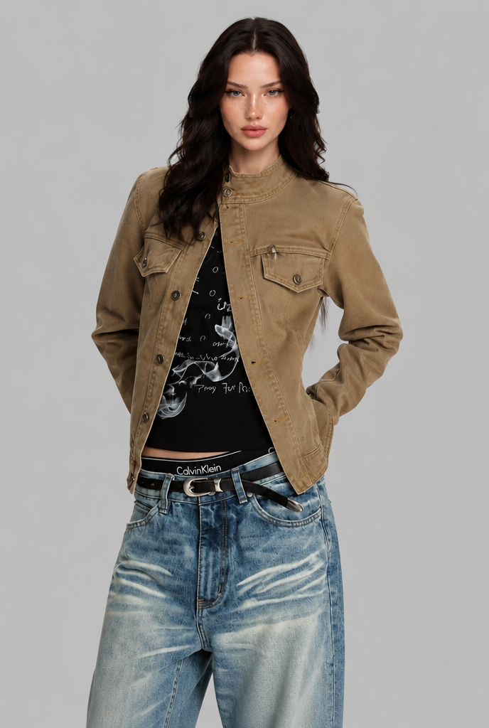 Cropped Jacket with Stand Collar