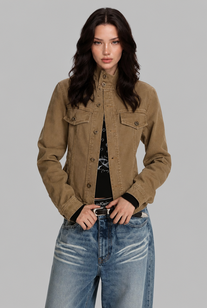 Cropped Jacket with Stand Collar
