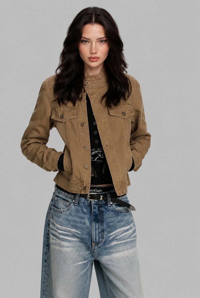 Cropped Jacket with Stand Collar