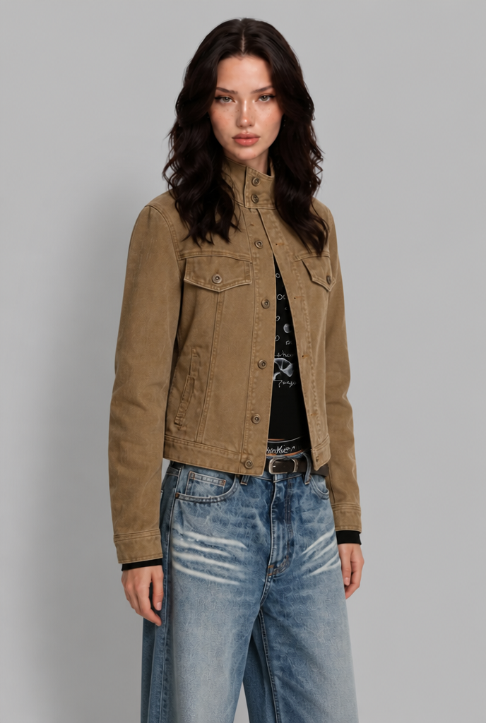 Cropped Jacket with Stand Collar