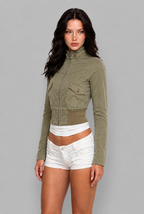 Cropped Bomber Jacket with Ribbed Hem