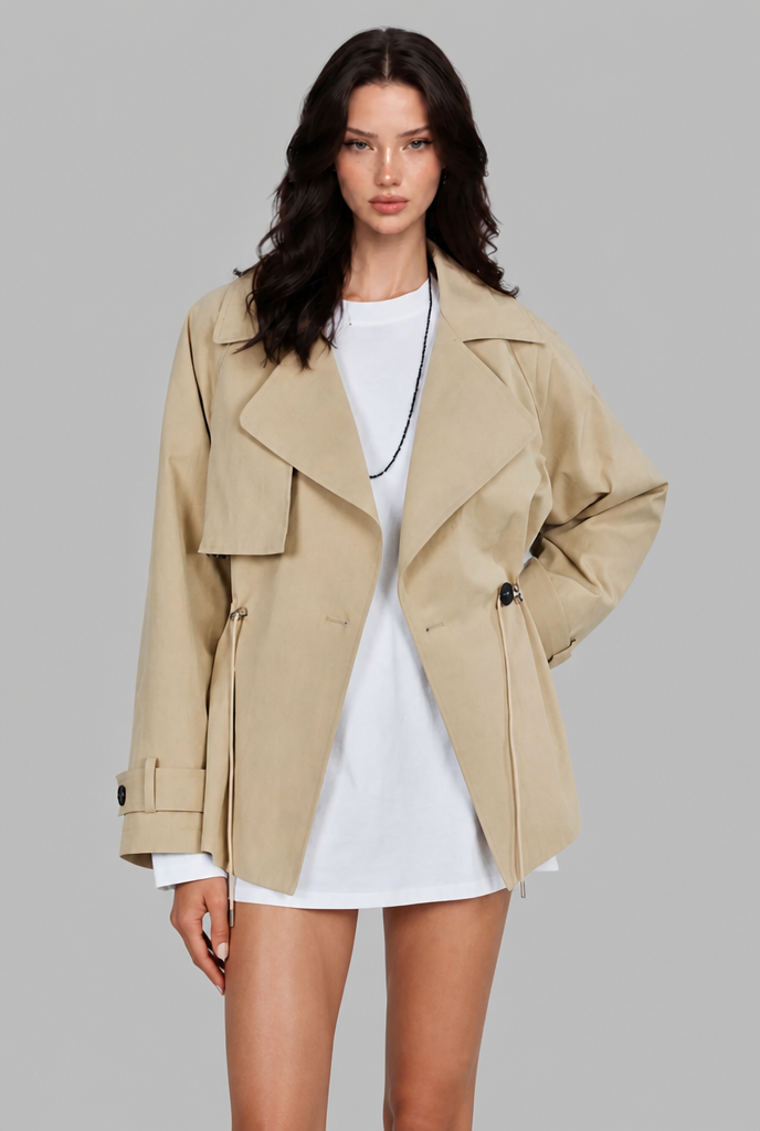 Short Trench Jacket with Drawstring Waist