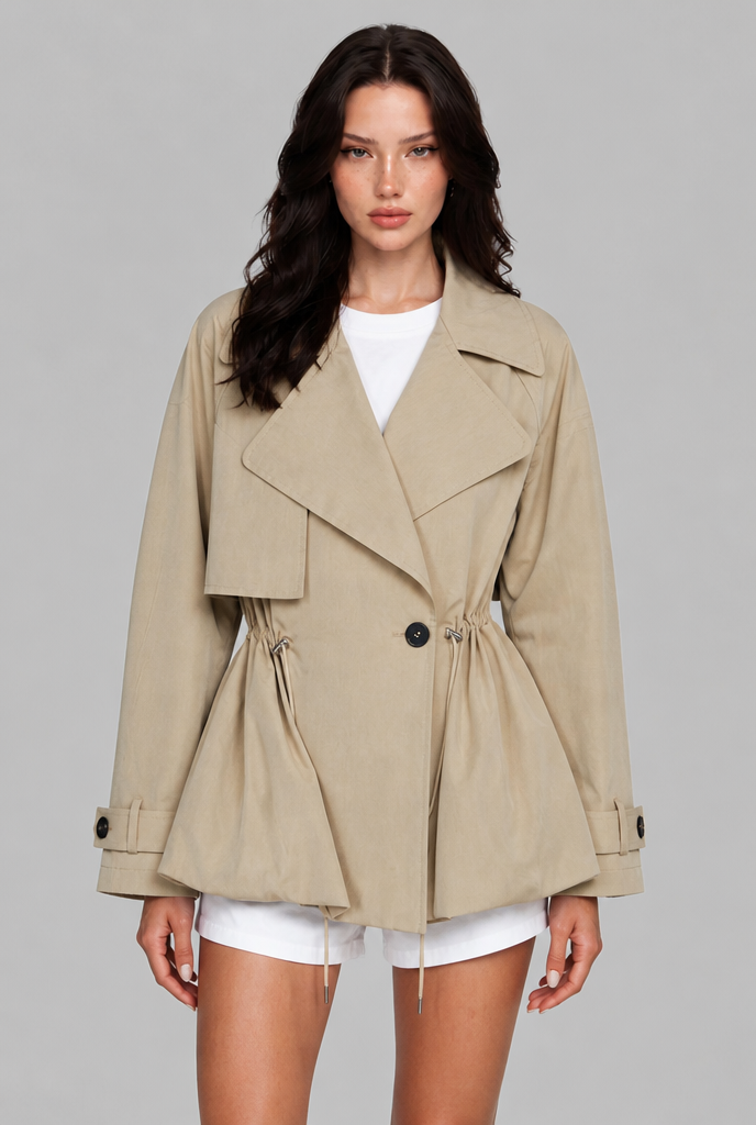 Short Trench Jacket with Drawstring Waist