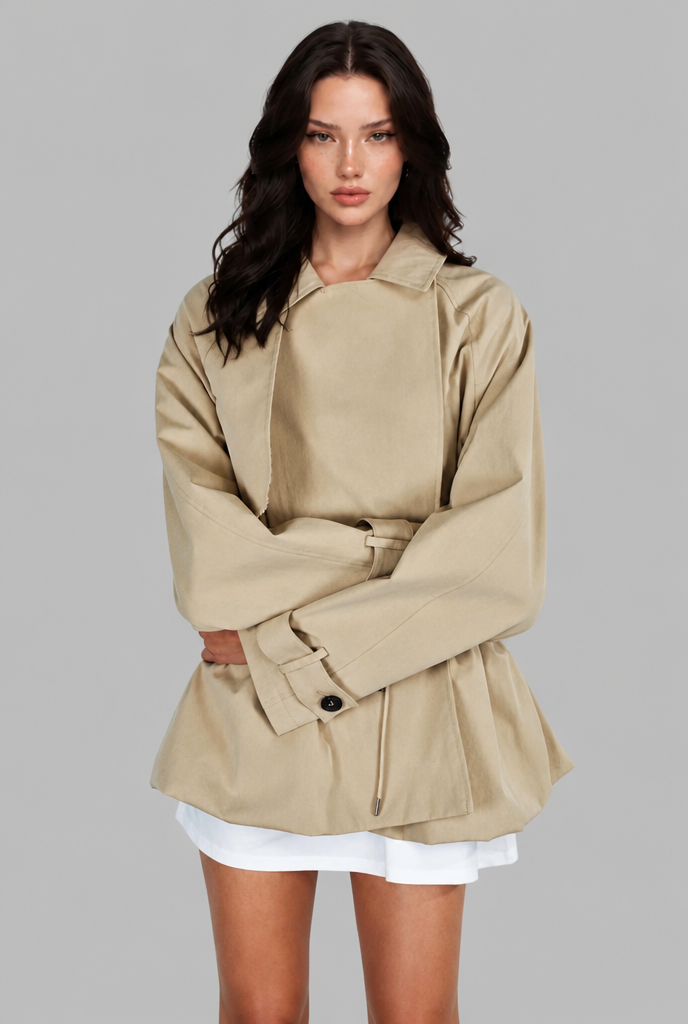Short Trench Jacket with Drawstring Waist