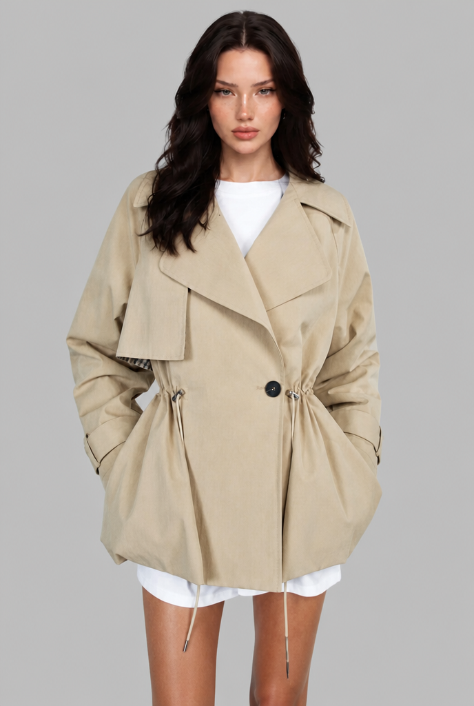 Short Trench Jacket with Drawstring Waist