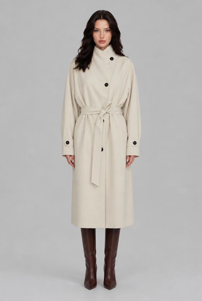 Belted Longline Coat with Funnel Neck