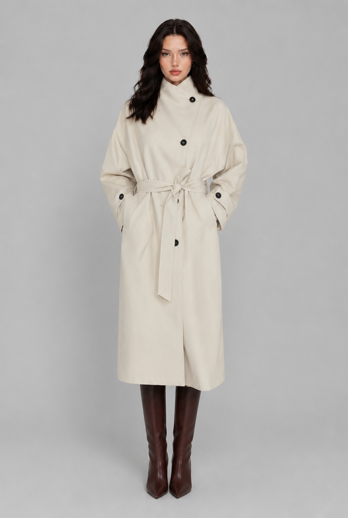 Belted Longline Coat with Funnel Neck