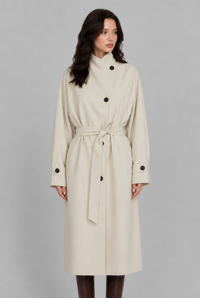 Belted Longline Coat with Funnel Neck