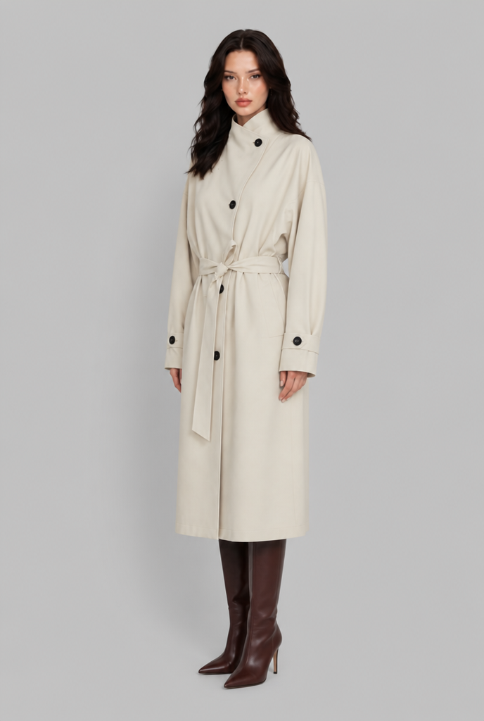 Belted Longline Coat with Funnel Neck