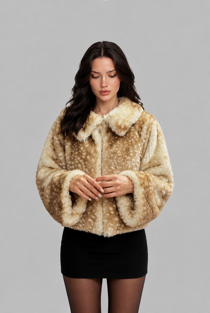 Cropped Faux Fur Jacket with Fawn Print