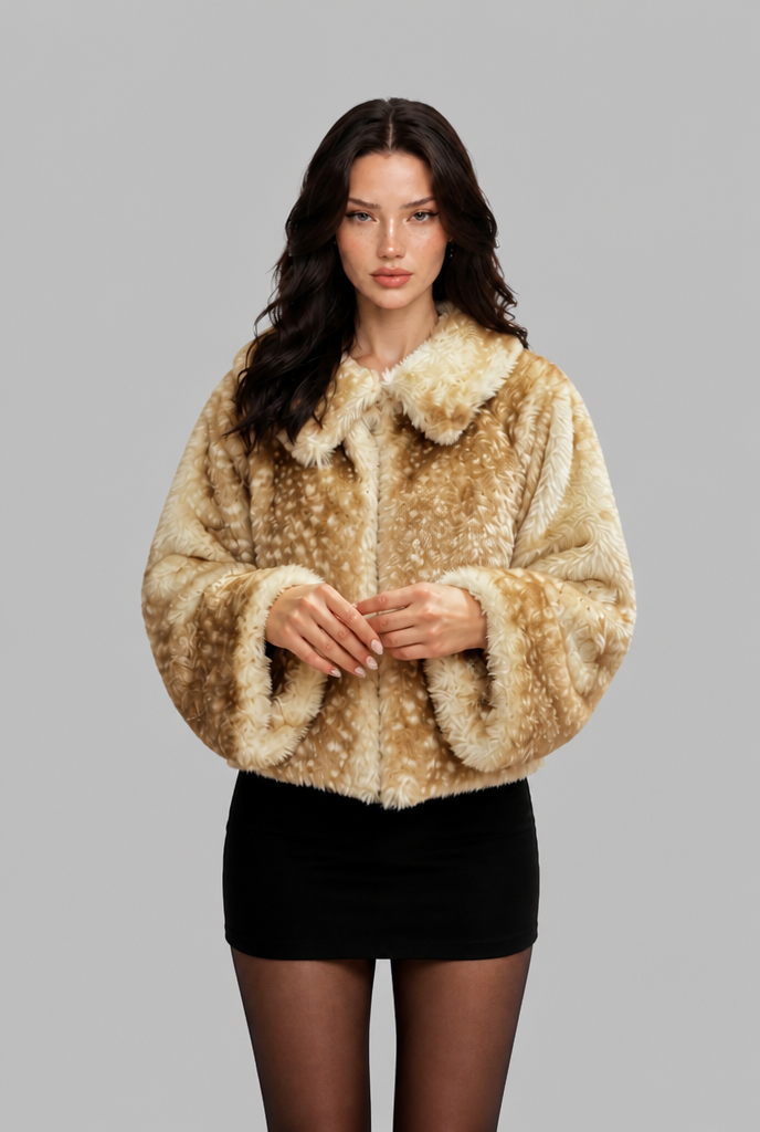 Cropped Faux Fur Jacket with Fawn Print