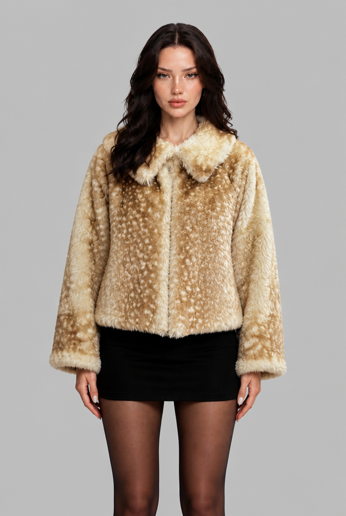 Cropped Faux Fur Jacket with Fawn Print