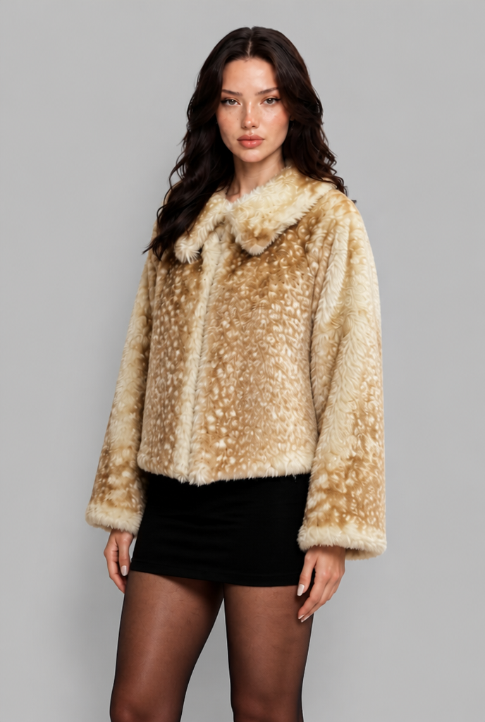 Cropped Faux Fur Jacket with Fawn Print