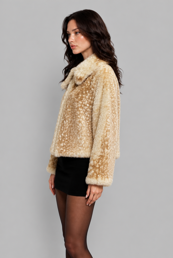 Cropped Faux Fur Jacket with Fawn Print