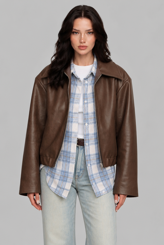 Oversized Faux Leather Zip Jacket