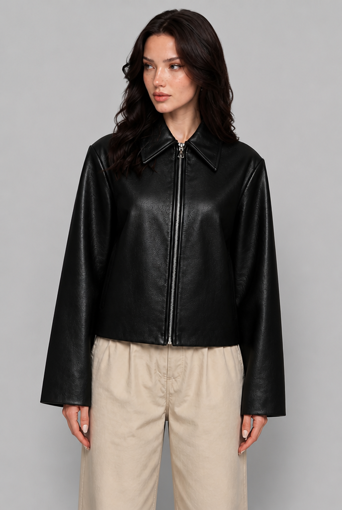 Oversized Faux Leather Zip Jacket
