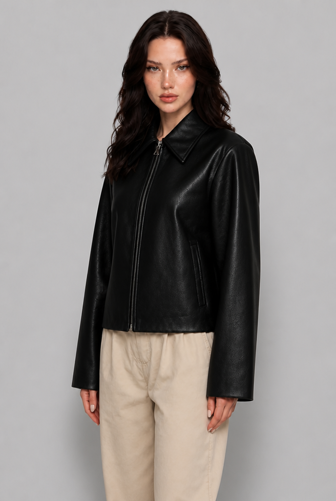 Oversized Faux Leather Zip Jacket
