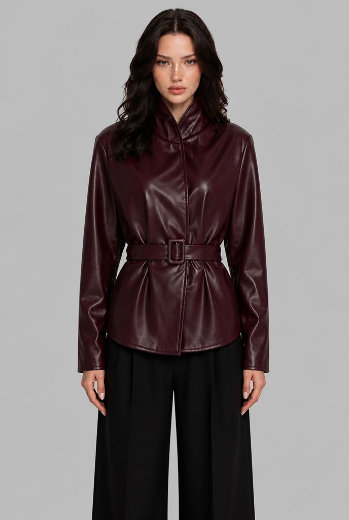 Puff Sleeve Belted Faux Leather Jacket