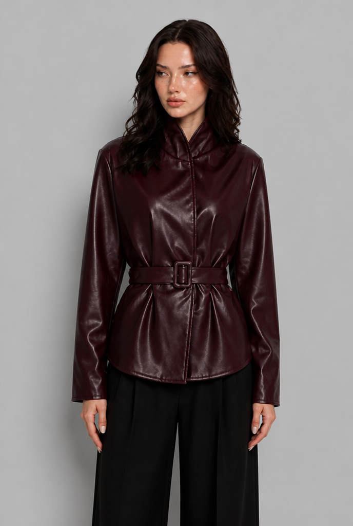 Puff Sleeve Belted Faux Leather Jacket